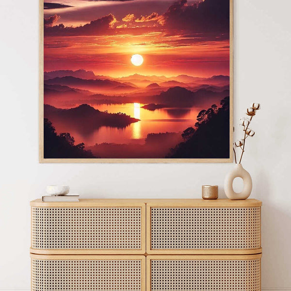 Malen nach Zahlen - Abendglut am Horizont, Sonnenuntergang Kunstwerk über einer modernen Kommode, entspannende Malwirkung, warmes Farbschema