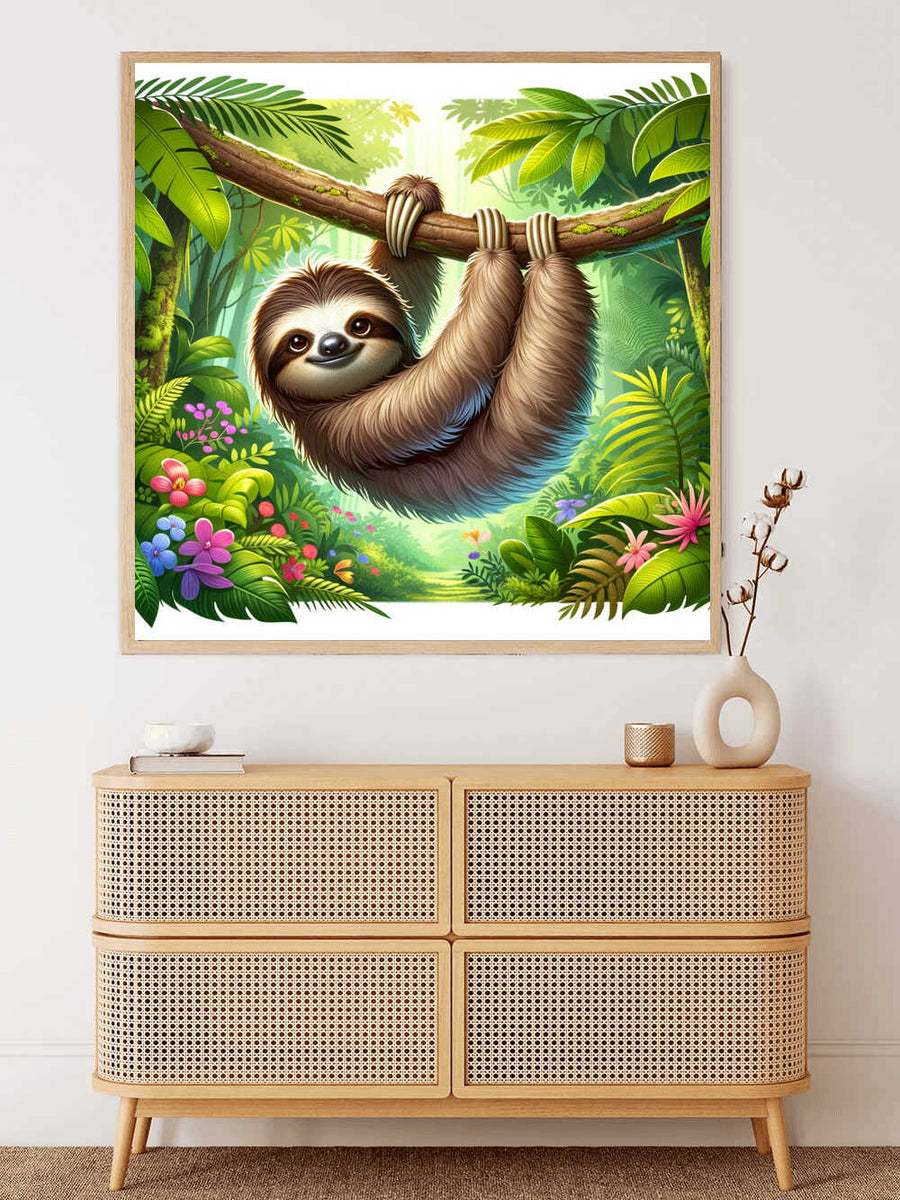 Painting by numbers kit in Jungle Dream theme featuring a smiling sloth hanging from a branch, adding serene decoration to a modern living room.