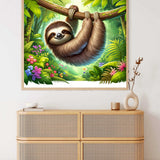 Painting by numbers kit in Jungle Dream theme featuring a smiling sloth hanging from a branch, adding serene decoration to a modern living room.