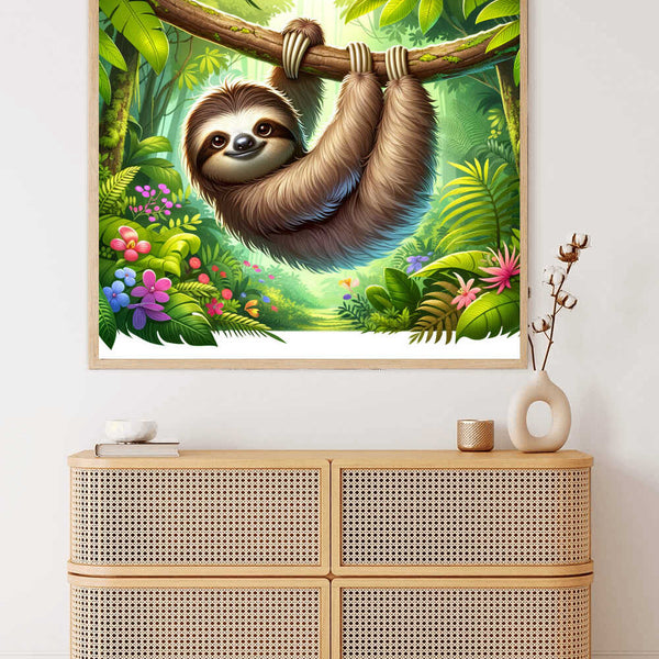 Painting by numbers kit in Jungle Dream theme featuring a smiling sloth hanging from a branch, adding serene decoration to a modern living room.