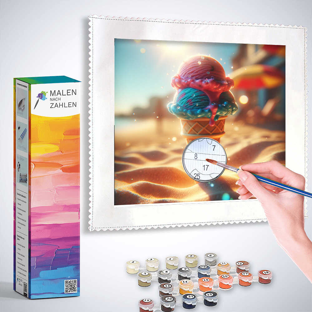 Painting by numbers kit for adults featuring a colorful ice cream cone on a summer beach scene with painting supplies included
