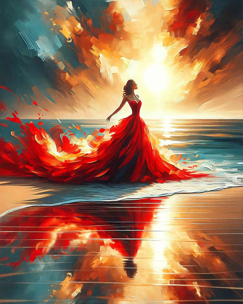Frau in rotem Kleid, Meer – Malen nach Zahlen