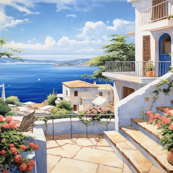 Malen nach Zahlen - Mittelmeertraum: friedvolle Darstellung mit azurblauem Meer, weißen Gebäuden und rosafarbenen Bougainvilleas.