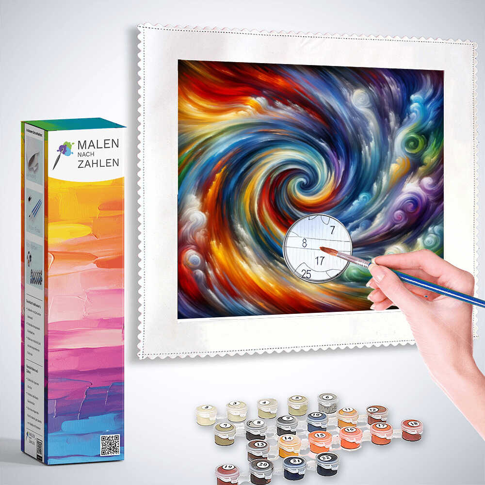 Person painting colorful swirling abstract art with Malen nach Zahlen kit, containing paints, brushes, and painting guide.