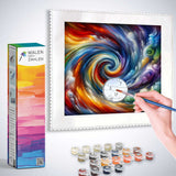 Person painting colorful swirling abstract art with Malen nach Zahlen kit, containing paints, brushes, and painting guide.