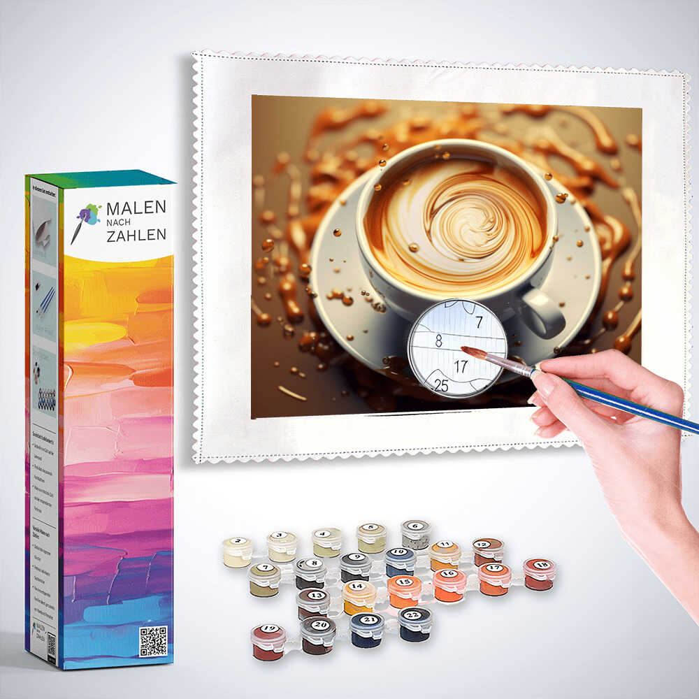 Malen nach Zahlen Set - Kaffee Wirbel der Leidenschaft Bild mit Pinsel und Farbbehältern