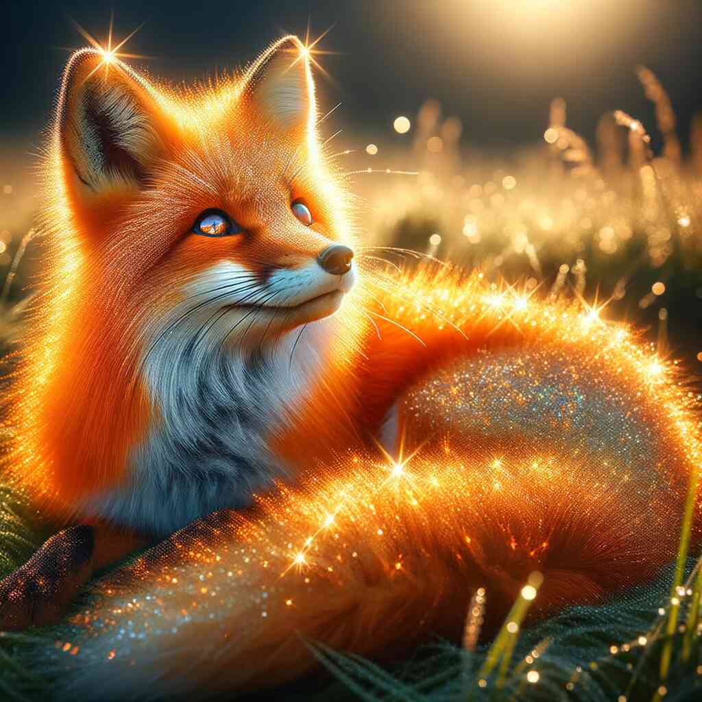 Sparkling fox in a dreamy, illuminated meadow during sunrise, capturing the enchanting glow of its fur.