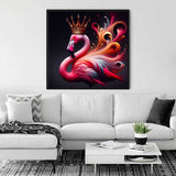 Painting of a royal flamingo with a crown displayed in a modern living room above a white sofa.