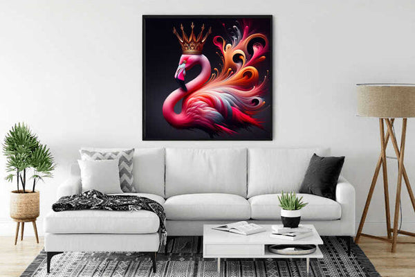 Painting of a royal flamingo with a crown displayed in a modern living room above a white sofa.