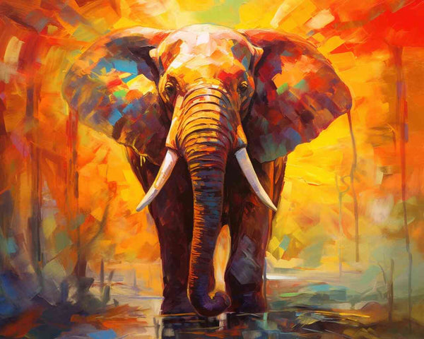 Impressionist Elephant in Sunlit Colors - Majestic Elephant Painting in Vibrant Orange, Red, and Yellow Tones - Malen nach Zahlen