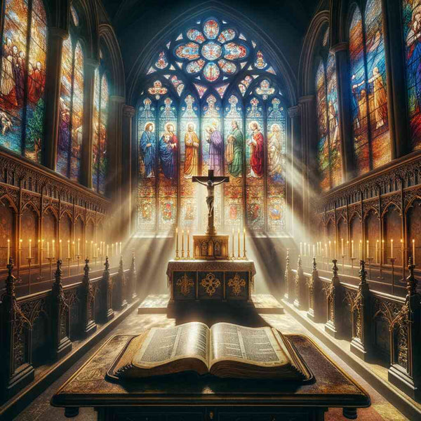 Painting of a sacred sanctuary with altar, crucifix, stained glass windows, and an open holy book bathed in sunlight rays.