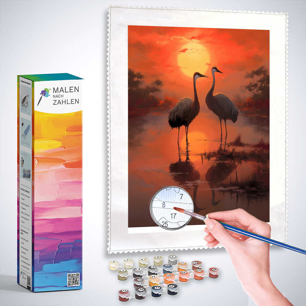Malen nach Zahlen - Abendrot Symphonie der Kraniche, zwei Kraniche im Sonnenuntergang, warmen Rottöne im Wasser, romantisch-impressionistisch