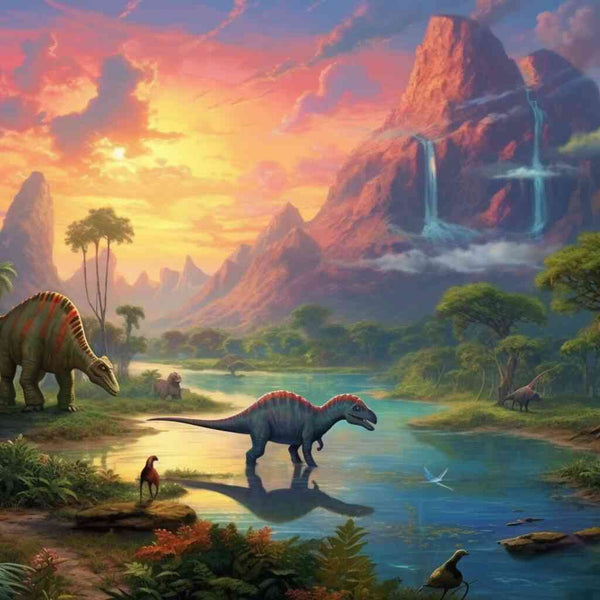 Dinosaurier in malerischer Urzeitlandschaft mit Wasserfällen, Bergen und orangefarbenem Himmel – "Echos der Urzeit" Kunstwerk.