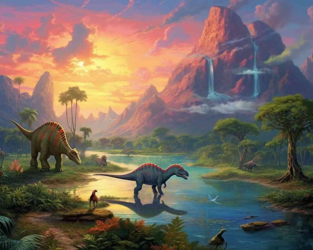 Dinosaurier in malerischer Urzeitlandschaft mit Wasserfällen, Bergen und orangefarbenem Himmel – "Echos der Urzeit" Kunstwerk.