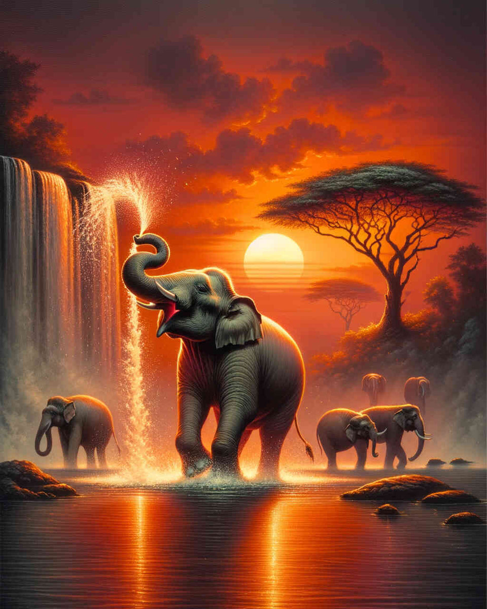 Malen nach Zahlen - Elefant mit Wasserfontaine