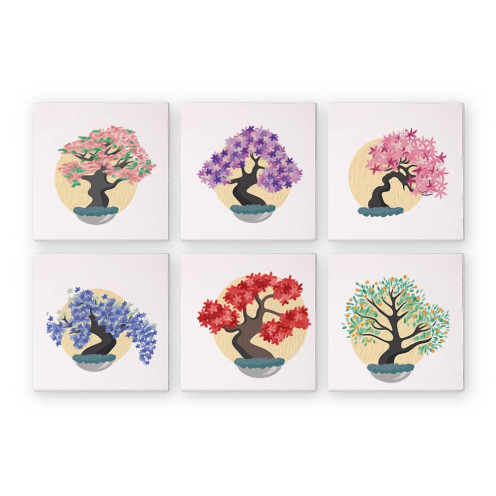 Blühende Bonsai-Kunstwerke 6er SET - Mini Malen nach Zahlen