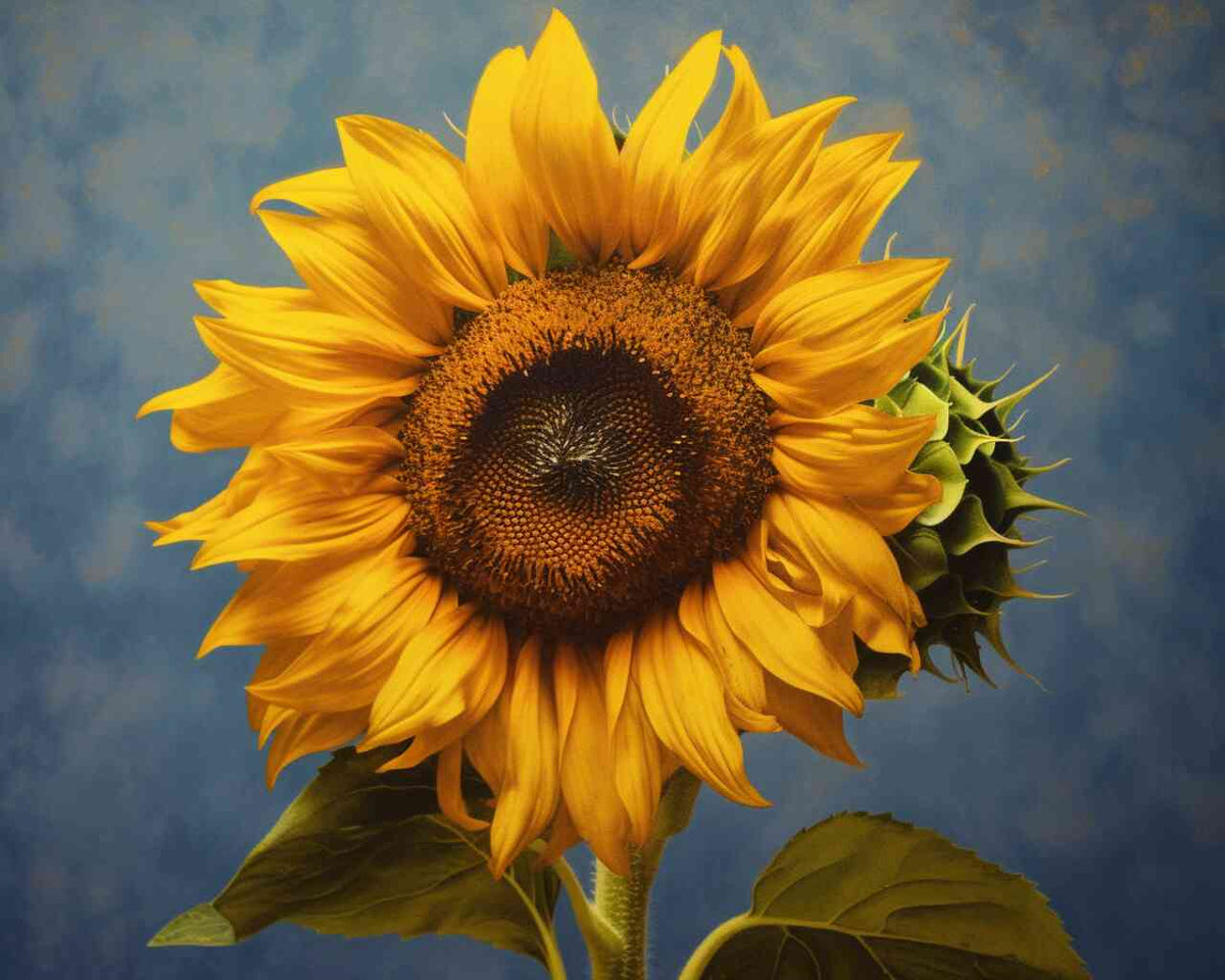 Malen nach Zahlen - Sonnentanz Sonnenblume, strahlende gelbe Blütenblätter, dunkler Kern, azurblauer Hintergrund, Wärme und Lebensfreude.