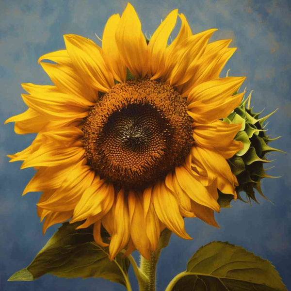 Malen nach Zahlen - Sonnentanz Sonnenblume, strahlende gelbe Blütenblätter, dunkler Kern, azurblauer Hintergrund, Wärme und Lebensfreude.