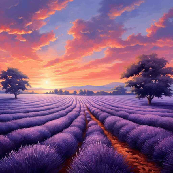 Modern-impressionistisches Gemälde von Lavendelfeld bei Sonnenuntergang, mit zwei Bäumen und lebendigem Himmel in Purpur und Rosa.