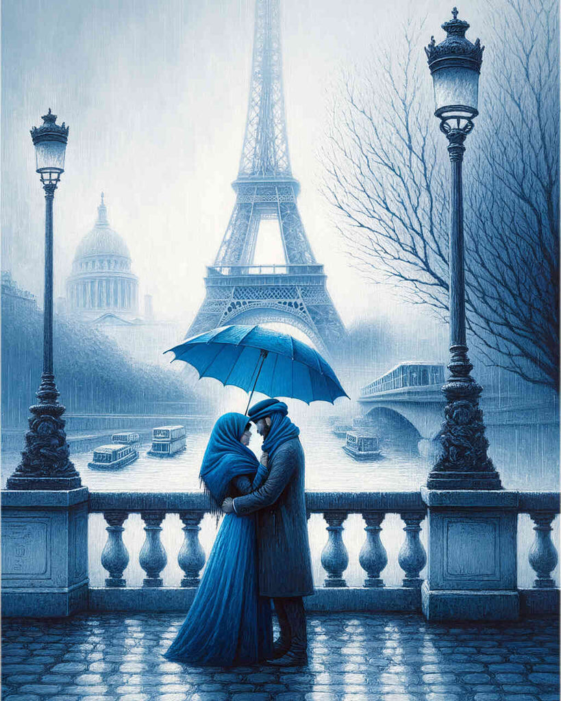 Paar in Blau, Eiffelturm – Malen nach Zahlen