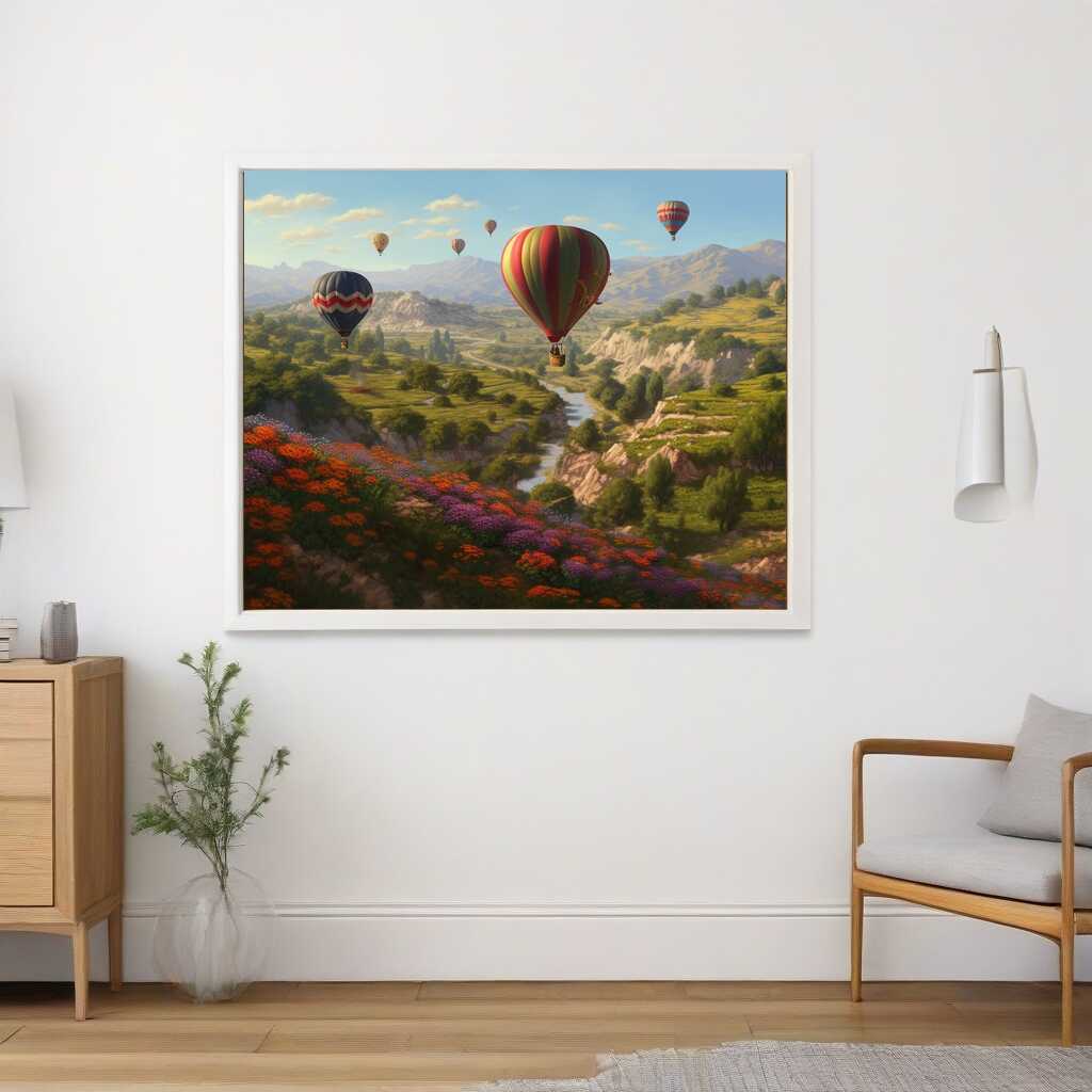 Malen nach Zahlen Himmelsflüsterer impressionistisches Kunstwerk mit Heißluftballons über einer farbenfrohen Landschaft, Blumen und grünen Tälern