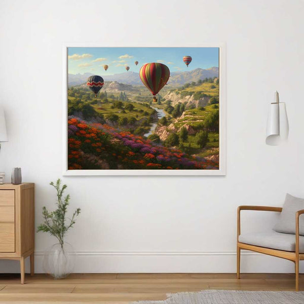 Malen nach Zahlen Himmelsflüsterer impressionistisches Kunstwerk mit Heißluftballons über einer farbenfrohen Landschaft, Blumen und grünen Tälern