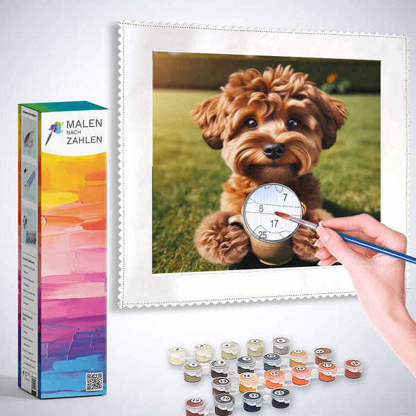 Person painting by numbers a charming dog on a canvas with paint supplies and Malen nach Zahlen kit on the side