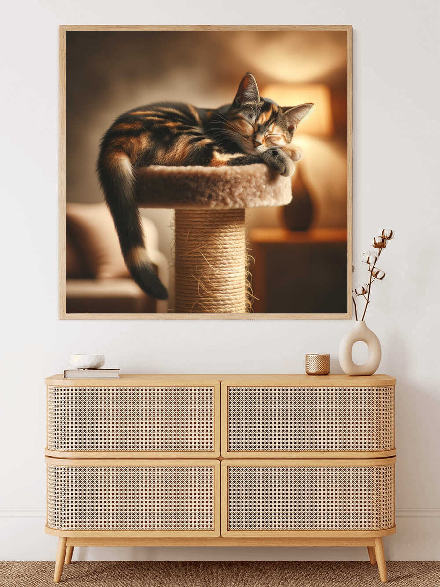 Cat sleeping on a cat tree with modern furniture in the background