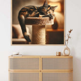 Cat sleeping on a cat tree with modern furniture in the background
