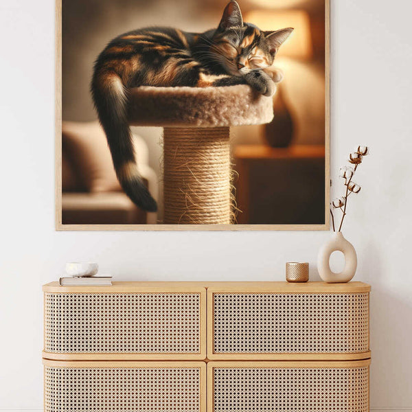 Cat sleeping on a cat tree with modern furniture in the background