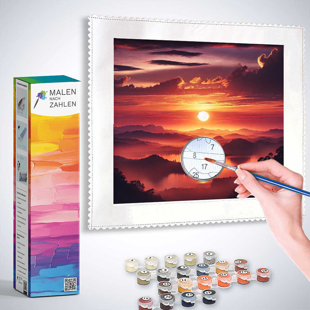 Painting by numbers sunset horizon kit with color paints, box, and hand painting canvas.