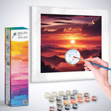 Painting by numbers sunset horizon kit with color paints, box, and hand painting canvas.