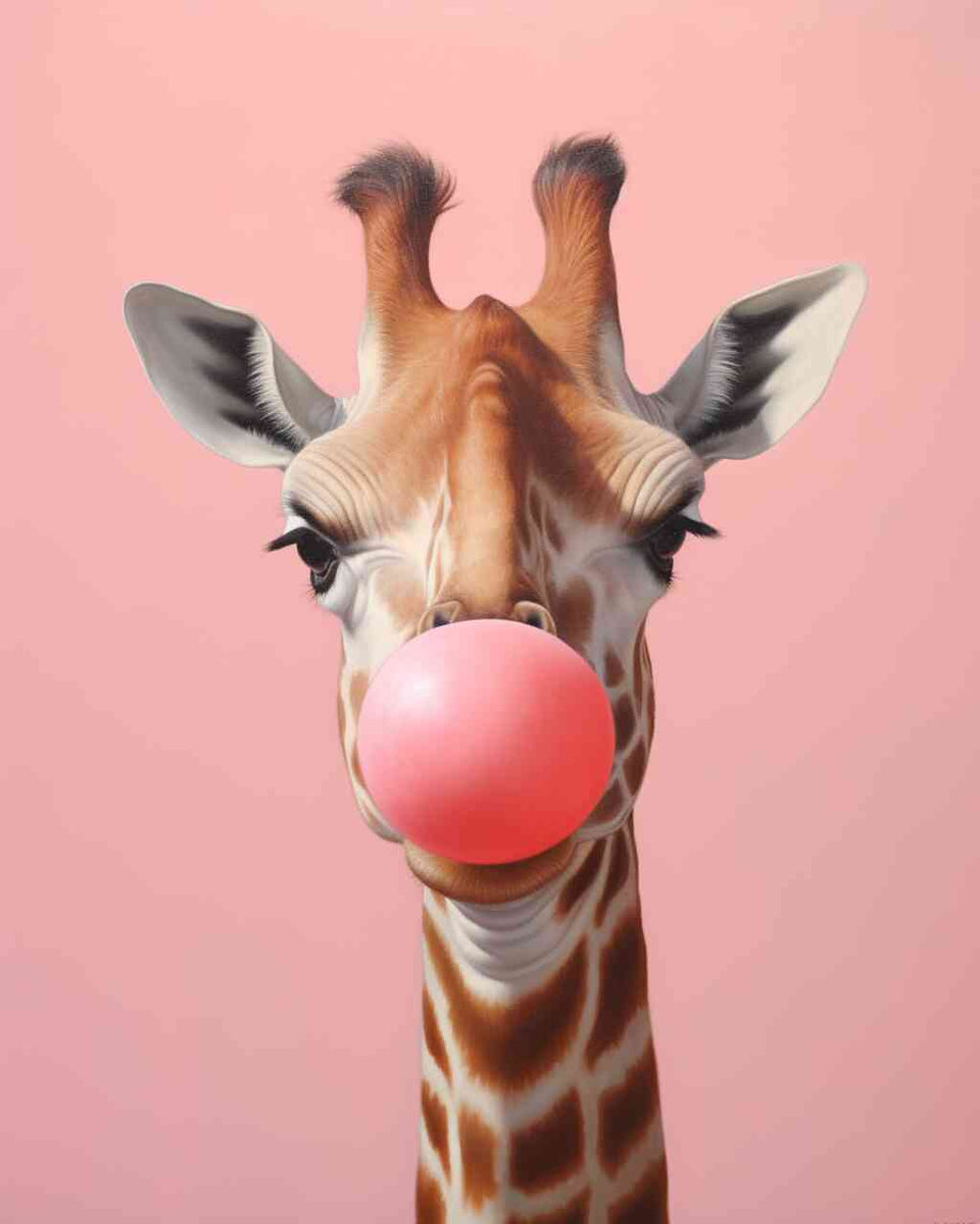 Giraffe blowing a large pink bubblegum against a light pink background