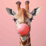 Giraffe blowing a large pink bubblegum against a light pink background