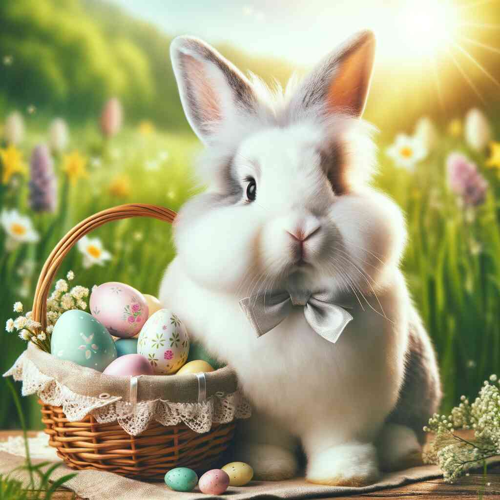 Fluffy white bunny with pastel Easter eggs in a basket in a spring meadow, representing Malen nach Zahlen - Osterzauber in Pastell.