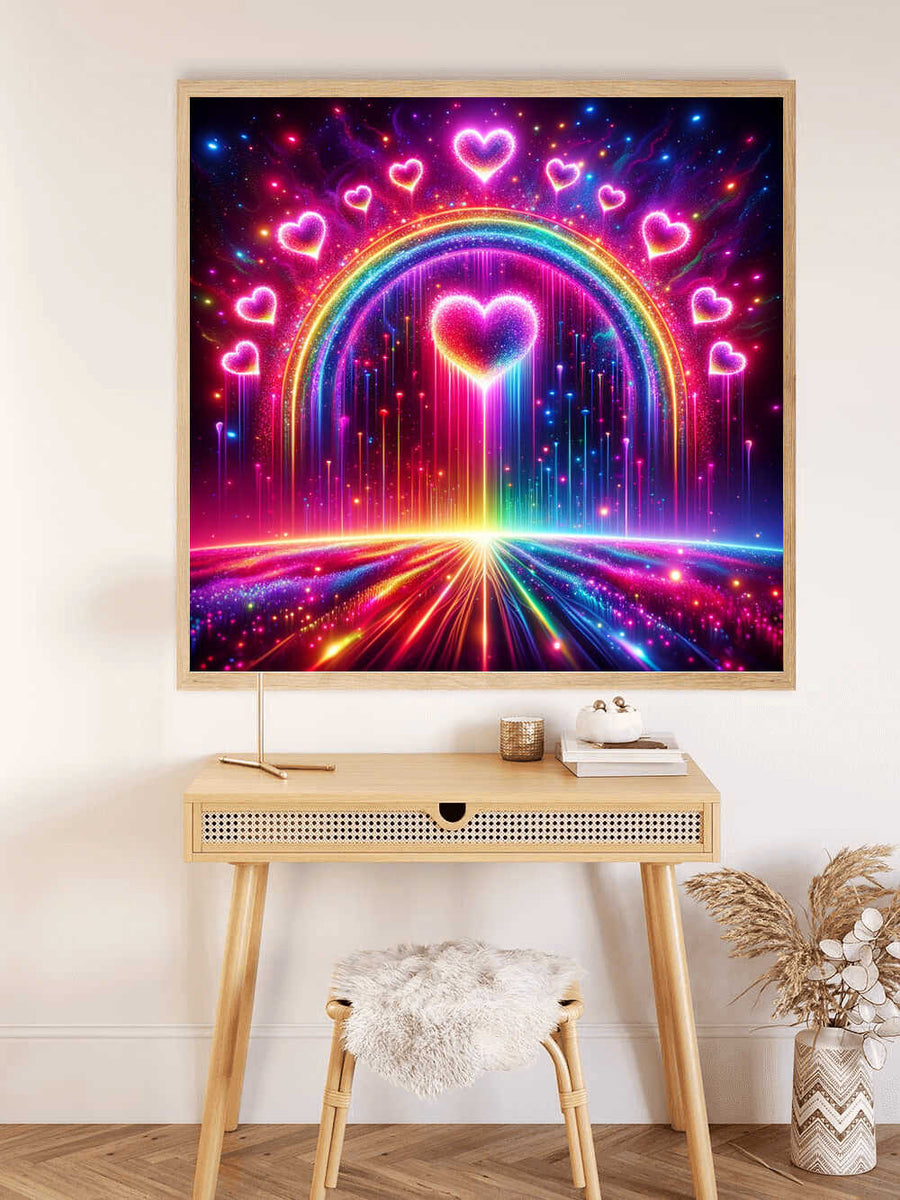 Painting of a rainbow with glowing hearts in a starry sky, hanging above a wooden table with a cozy stool and vase in a modern room.