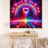 Painting of a rainbow with glowing hearts in a starry sky, hanging above a wooden table with a cozy stool and vase in a modern room.