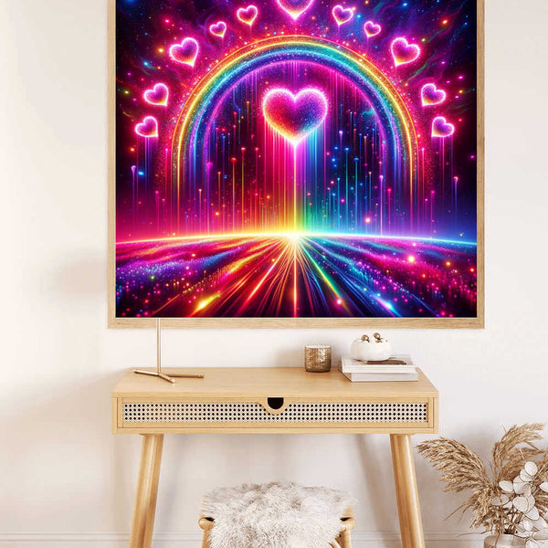 Painting of a rainbow with glowing hearts in a starry sky, hanging above a wooden table with a cozy stool and vase in a modern room.