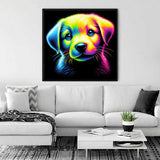 Vibrant neon puppy painting hanging on white wall above modern sofa in stylish living room.