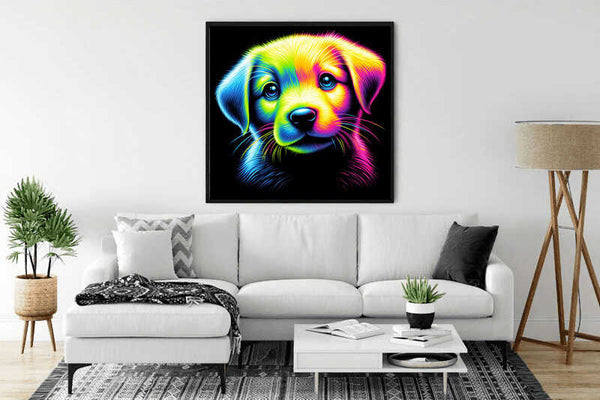 Vibrant neon puppy painting hanging on white wall above modern sofa in stylish living room.