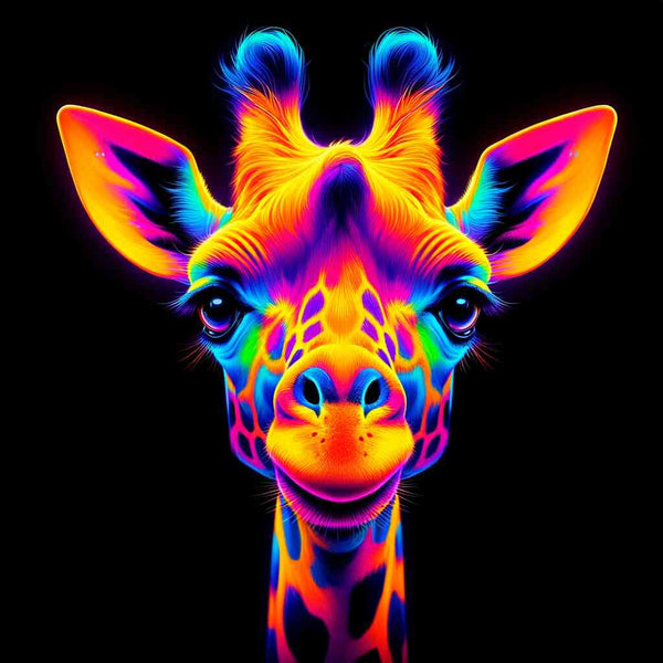 Neon-colored giraffe art with vibrant hues on black background