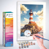 Malen nach Zahlen - Leuchtturm der Hoffnung, rot-weißer Leuchtturm im Sonnenuntergang, ruhiges Meer, felsige Insel, friedliches Kunstwerk