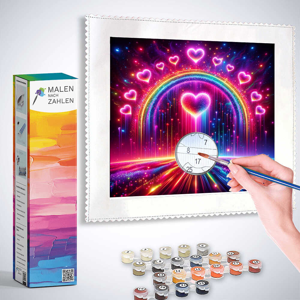Person painting a colorful Malen nach Zahlen image featuring a heart and rainbow with supplied paint and brush.