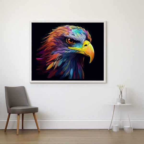 Malen nach Zahlen Kunstwerk mit einem farbenprächtigen Adler, der Lebendigkeit und Ausdruckskraft durch leuchtende Farben zeigt.