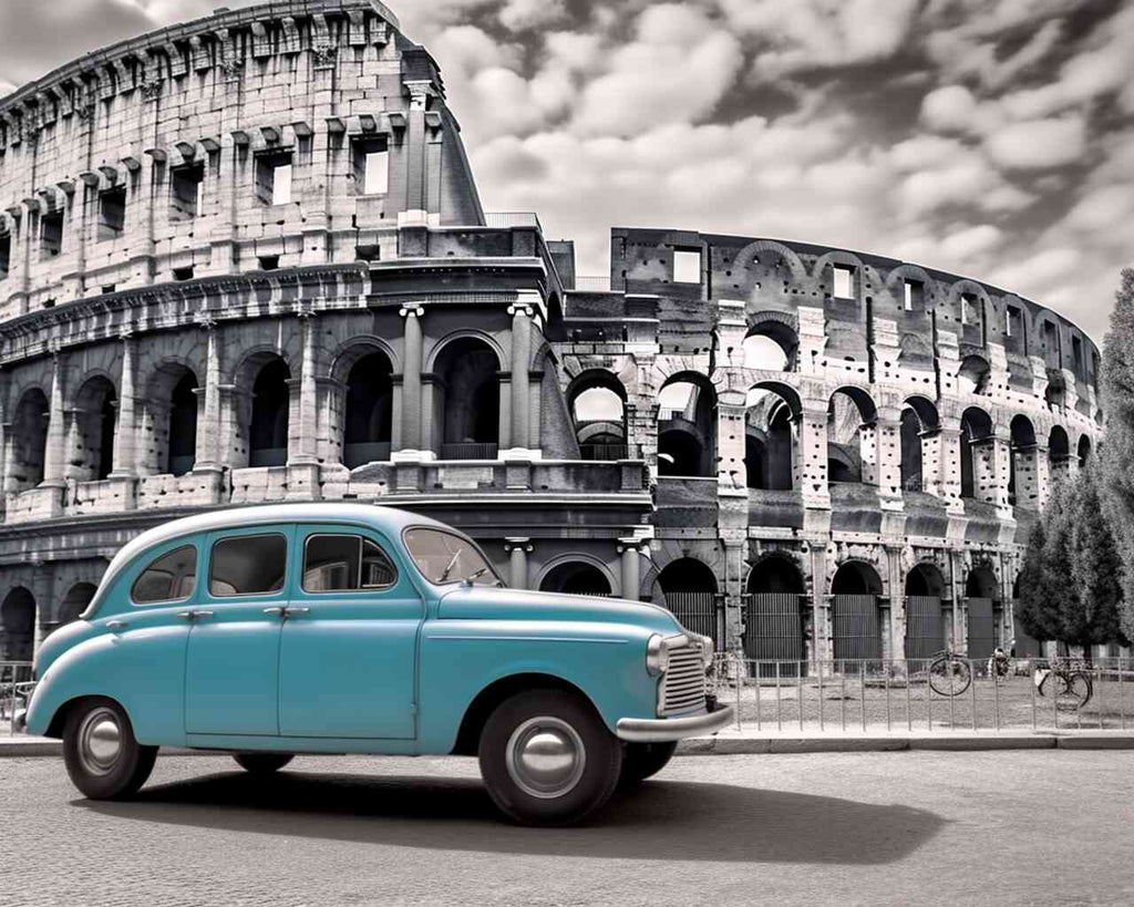 Oldtimer vor dem Kolosseum in Rom, Malen nach Zahlen "Vergangene Eleganz"