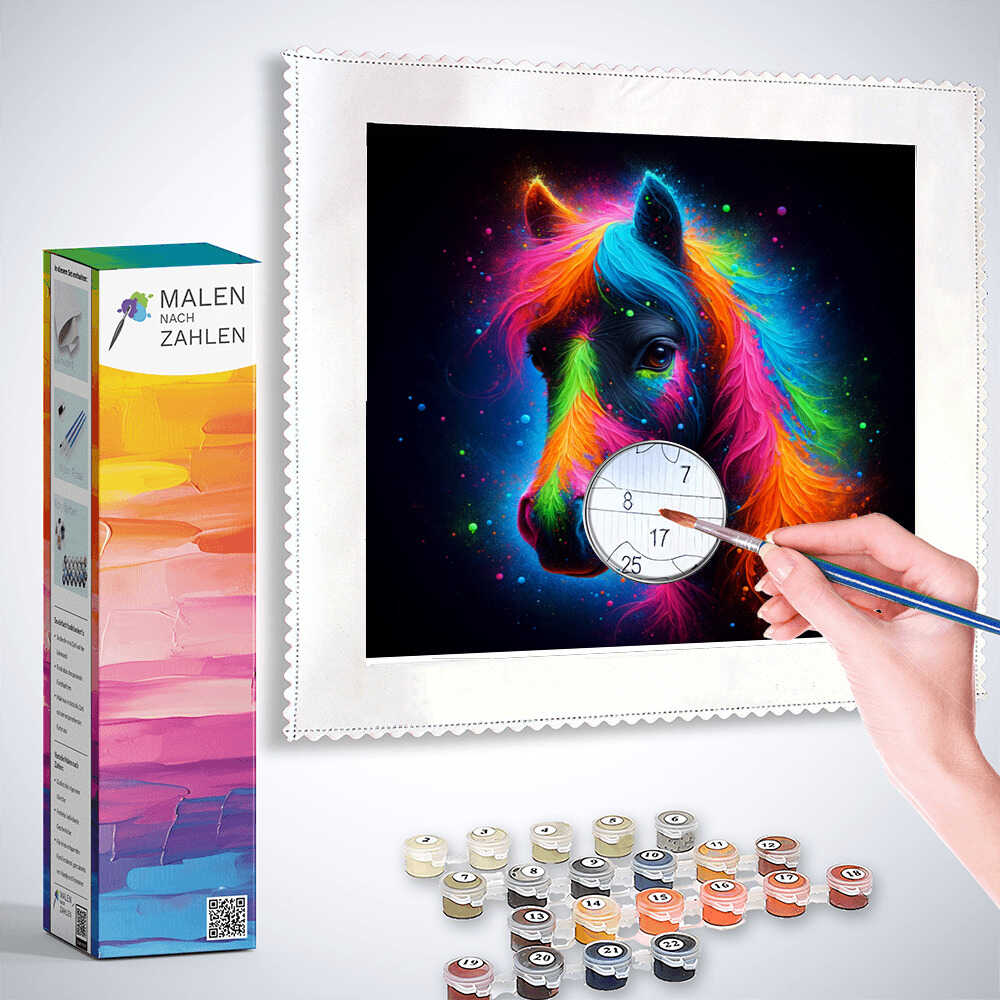 Malen nach Zahlen - Kosmisches Farbspiel, hand painting a vibrant cosmic horse image with included paint set and tools for relaxing activity.