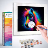 Malen nach Zahlen - Kosmisches Farbspiel, hand painting a vibrant cosmic horse image with included paint set and tools for relaxing activity.