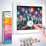 Person painting vibrant city skyline with fireworks using Malen nach Zahlen kit; includes paint pots, brushes, and numbered canvas for relaxing activity.