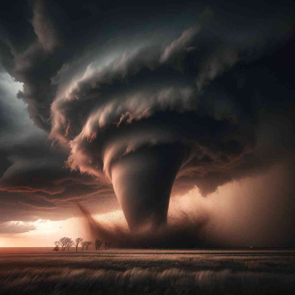 Majestic tornado under dark, stormy sky over grassy field at sunset.
