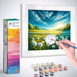 Malen nach Zahlen Kit - Morgenlicht über dem Löwenzahntal, hand painting dandelion valley at sunrise with paint pots and brush.